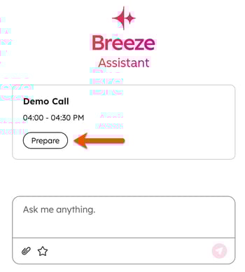 Breeze Assistant chat, showing an upcoming meeting and highlighting the "Prepare" button to prepare for meeting.