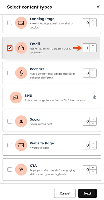 The select content types panel is displayed in a content remix. A box is placed around the Email checkbox and an arrow points to the increase and decrease buttons.