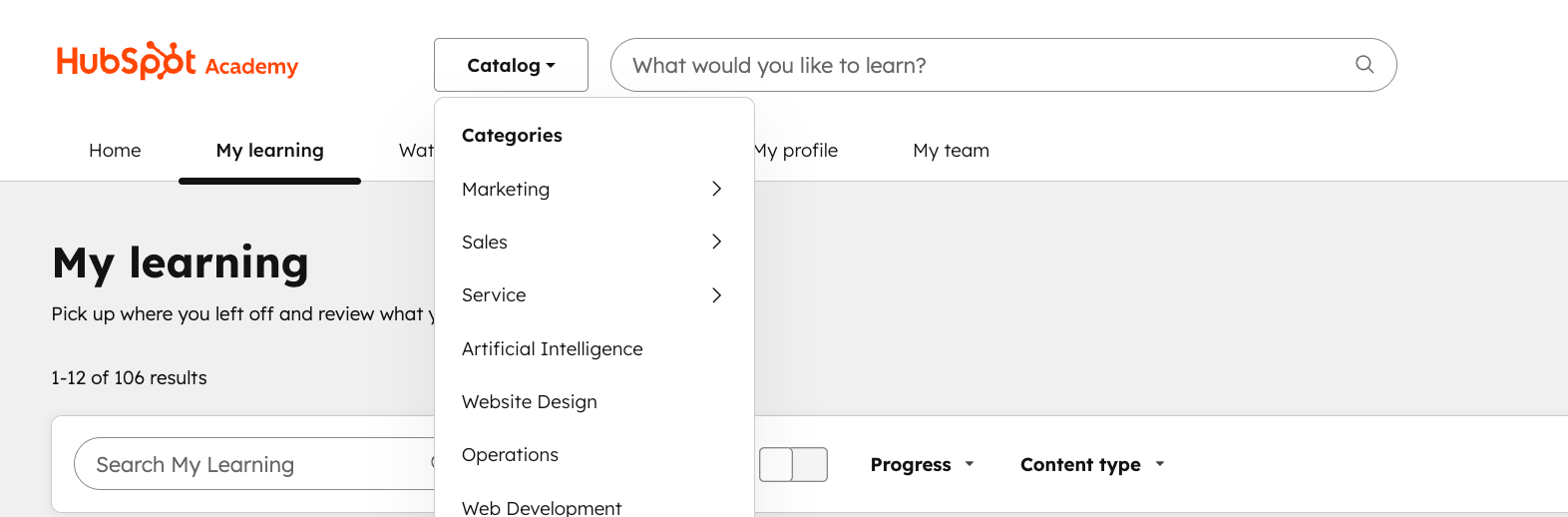 アカデミーのホームページにある[カテゴリー]ドロップダウン。