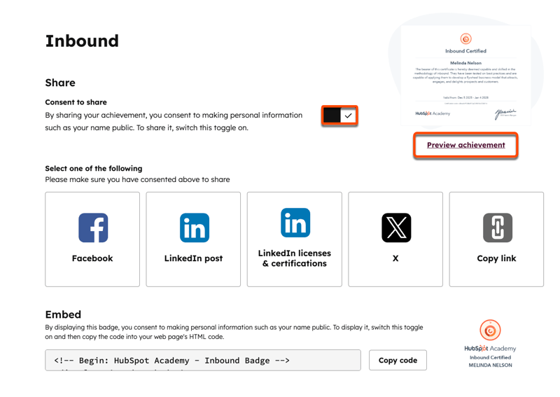Certificado con Consentimiento para compartir togglle y una opción para vista previa del logro.