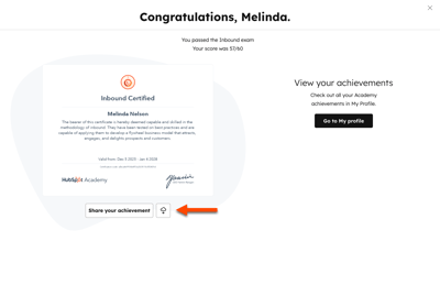 Preview of certificate with options to share or download the certificate.