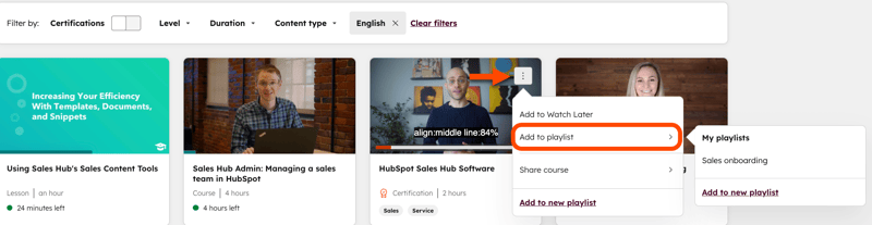 HubSpot Academy course card menu open, highlighting the "Add to playlist" option for content selection.