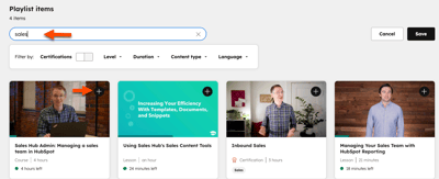 Display of HubSpot Academy courses after searching, demonstrating how to add content to a custom playlist.