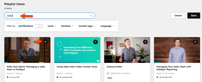 Display of HubSpot Academy courses after searching, demonstrating how to add content to a custom playlist.