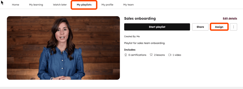 Details for the "Sales onboarding" playlist, showing the content and the option to assign the playlist to users.