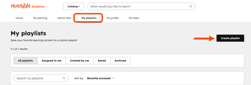 HubSpot Academy "My playlists" screen with the "Create playlist" button highlighted.