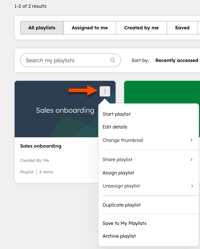 Screenshot demonstrating how to access the three-dot menu on a playlist card to manage or modify a learning playlist.