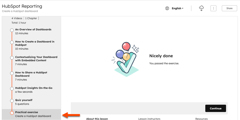 Une certification en cours avec un exercice pratique qui indique « Bien fait », c’est-à-dire qu’il est terminé.