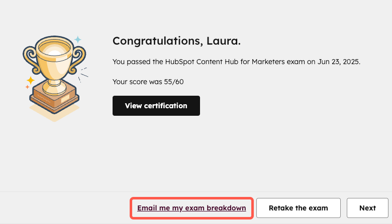 Screenshot mit der Schaltfläche zum Senden einer E-Mail mit den Prüfungsergebnissen der HubSpot Academy.