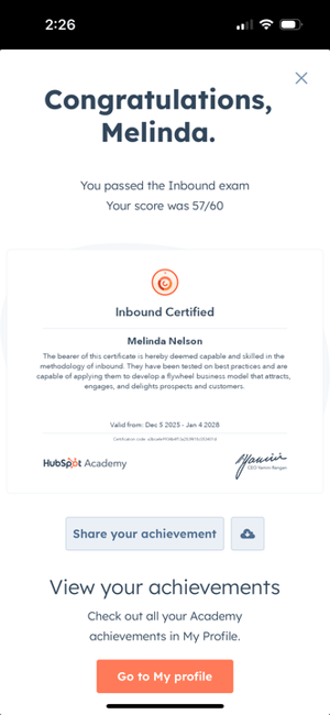 Mobile app showing sharing an Academy certificate.
