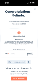 Mobile app showing sharing an Academy certificate.