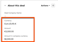 A screenshot showing the Currency, Amount, and Amount in company currency properties.