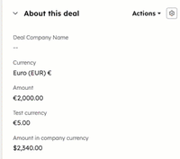 An animated GIF showing that the currency sign changes for the custom currency property, but not the amount.