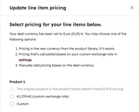 A screenshot showing the options to update a currency for a line item.
