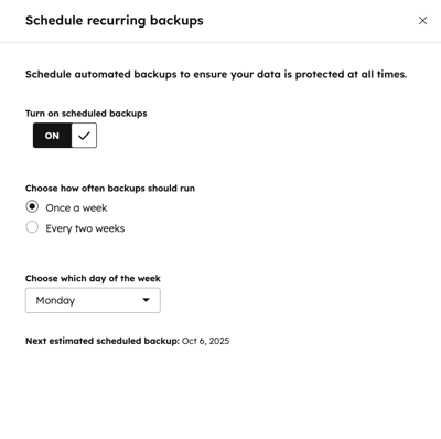 バックアップをスケジュールするために詳細を入力できる右側のパネルを表示する再ショット。