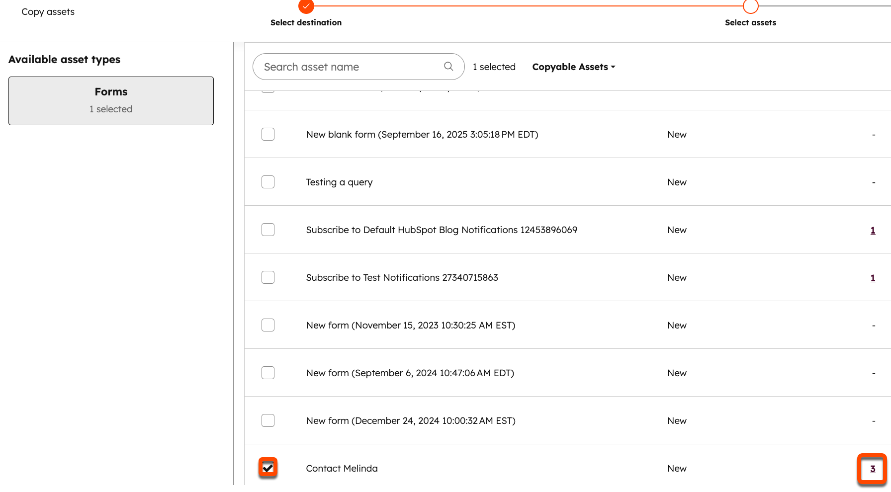 A screenshot showing how to select a specific form to copy it to another account.