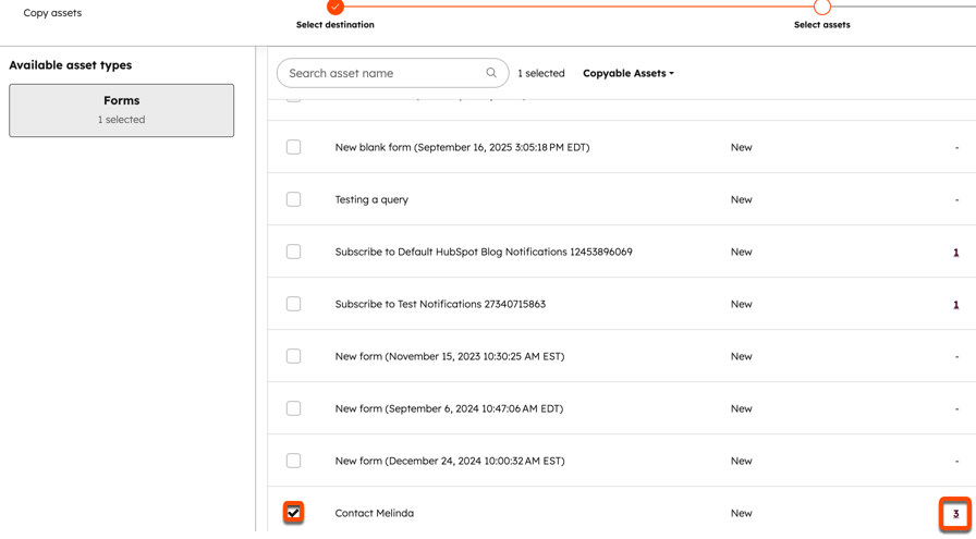 A screenshot showing how to select a specific form to copy it to another account.