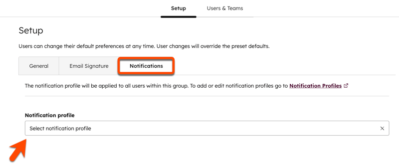 Uma captura de tela mostrando como clicar no menu suspenso Perfil de notificação e selecionar uma opção.