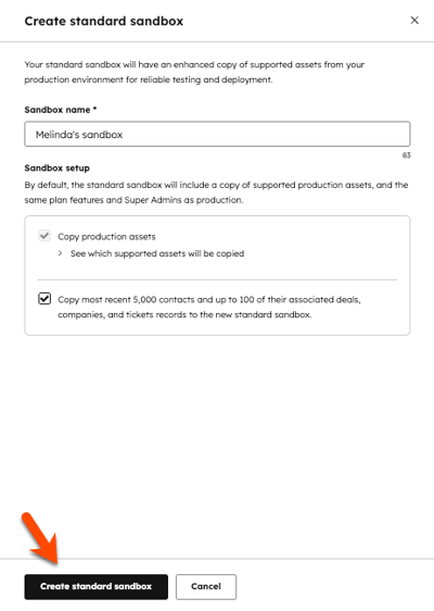 A screenshot showing the final Create sandbox button.