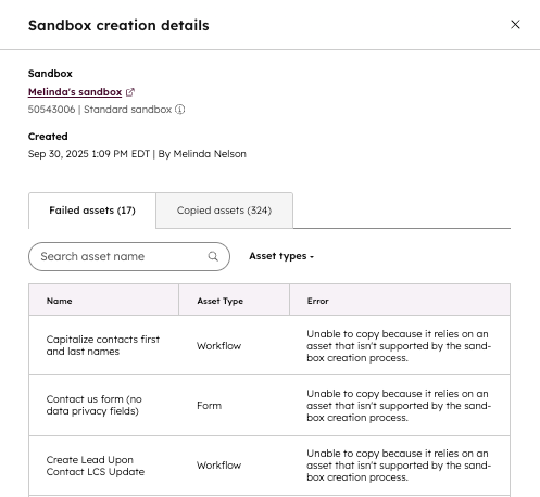 A screenshot showing how to view assets that failed when the sanbox was created.