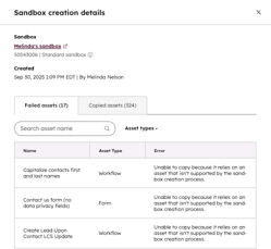 A screenshot showing how to view assets that failed when the sanbox was created.
