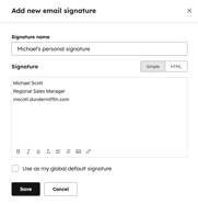 Connected inbox email settings, showing how to add an email signature.