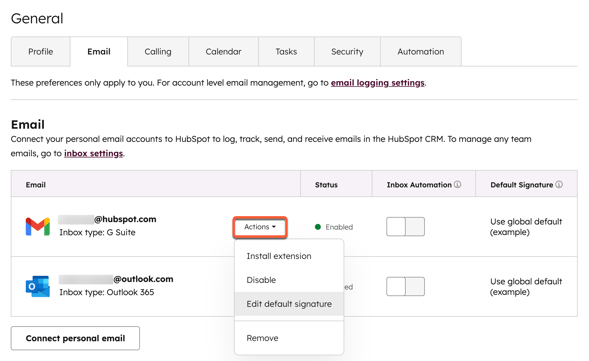 Email settings, highlighting the option to edit your default signature for your connected inbox.