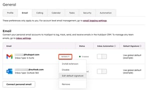 Email settings, highlighting the option to edit your default signature for your connected inbox.