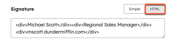 Connected inbox email settings, showing how to edit an email signature using HTML.