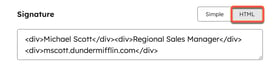 Connected inbox email settings, showing how to edit an email signature using HTML.