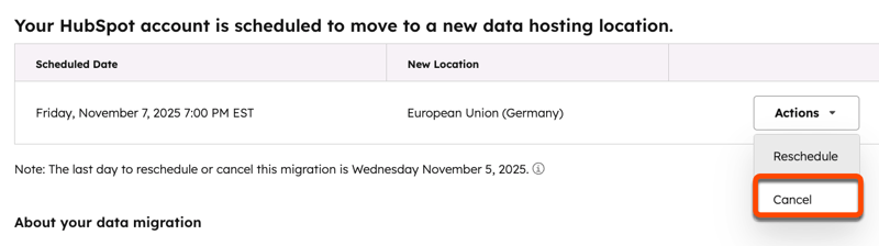 Capture d’écran montrant comment cliquer sur le menu déroulant Actions pour annuler une migration.