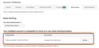 A screenshot showing the account migration settings, where you can view the status of a data migration.