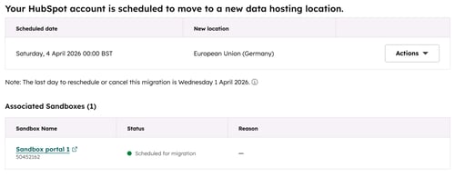 HubSpot migration screen showing new EU hosting location and sandbox portal marked scheduled for migration.