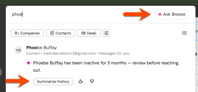 Search results showing suggested action of "Summarize history" and the Ask Breeze button.