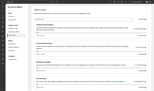Other Limits tab in the Account &amp; Billing settings.