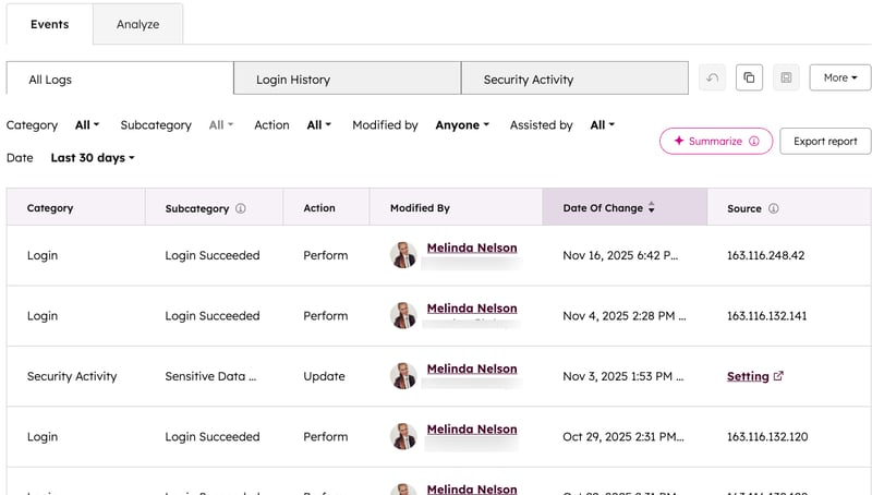 Screenshot of the audit log.