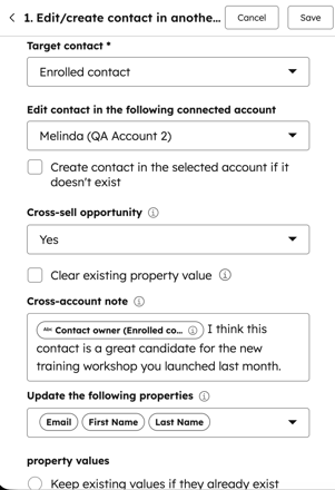 Workflow action dialog for editing or creating a contact in another connected HubSpot account with options for cross-sell, notes, and property updates.