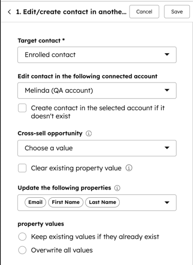 A screenshot showing how the left side panel where you enter details to create or edit a contact in another account.