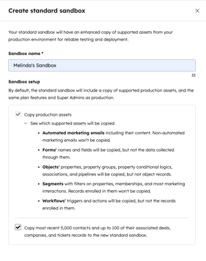Copy production aseets section expanded to show a detailed list of which assets will be copied to production.