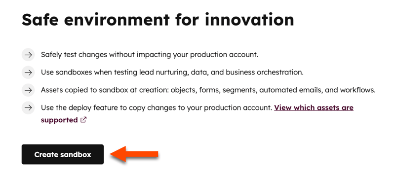 Settings page with create sandbox button