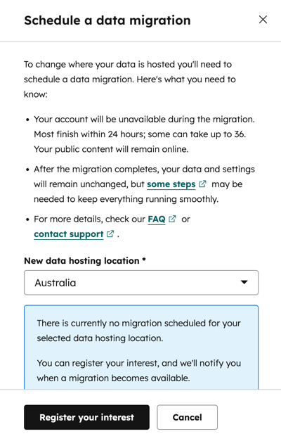 Schedule a data migration dialog indicating no available migration for Australia, with a Register your interest button.