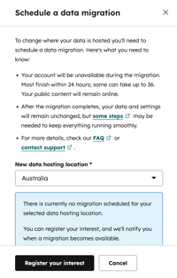 Schedule a data migration dialog indicating no available migration for Australia, with a Register your interest button.
