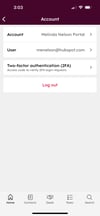 Mobile Account page that shows the account, user, 2FA, and Log out button.