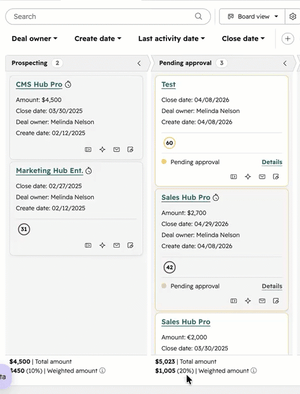 GIF showing board view of deals. If you hover over the total amount, it displays the company currency.