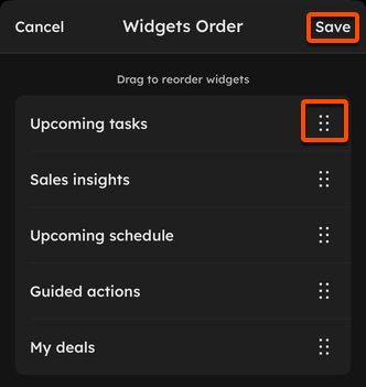 Bildschirm der HubSpot Mobile-App zum Neuanordnen von Startbildschirm-Widgets durch Ziehen, wobei die Schaltfläche "Speichern" hervorgehoben ist.