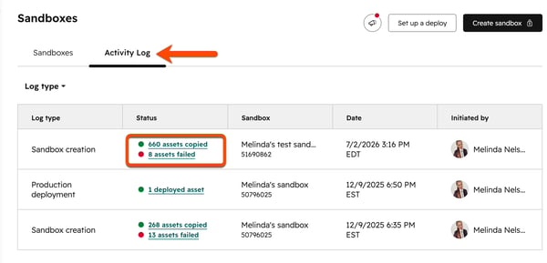 Activity Log tab in Sandbox setting highlighting copied and failed assets.