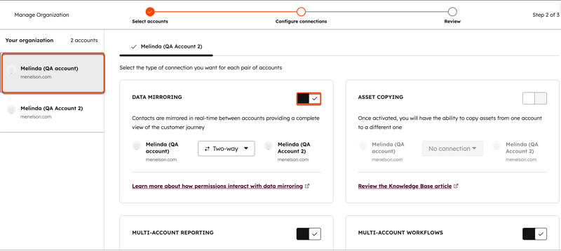Manage organization page which shows organization in the left panel and features that you can turn on.