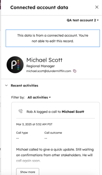 A screenshot showing the right side panel for a connected account.