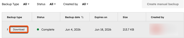 HubSpot backup management table showing one complete backup dated Jun 4, 2026, with the Download button outlined in orange.