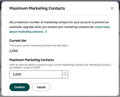 Screenshot showing the dialog box to set a maximum number of Marketing Contacts. 